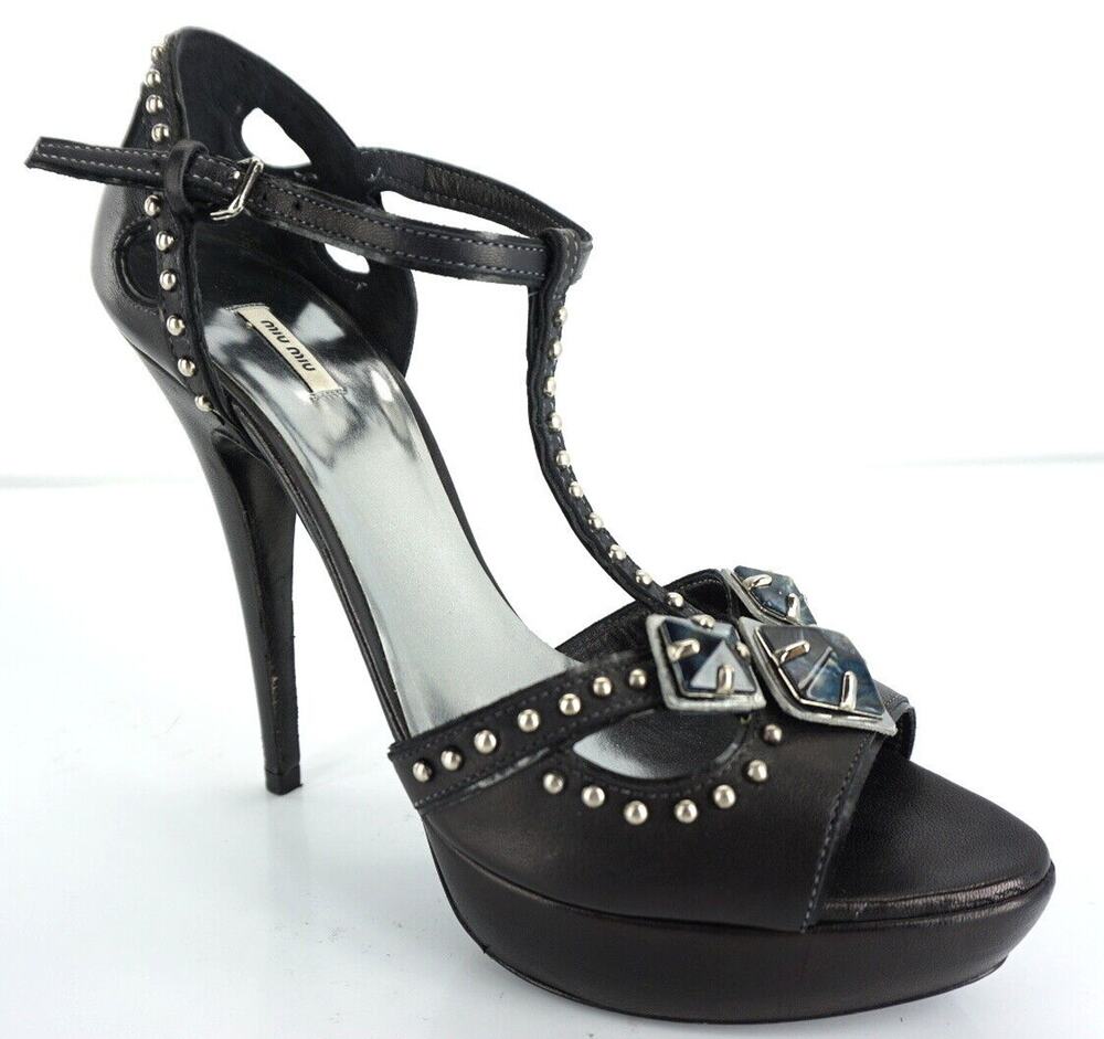 Miu Miu Black Leather Studded Ankle T Strap Platform Sandals